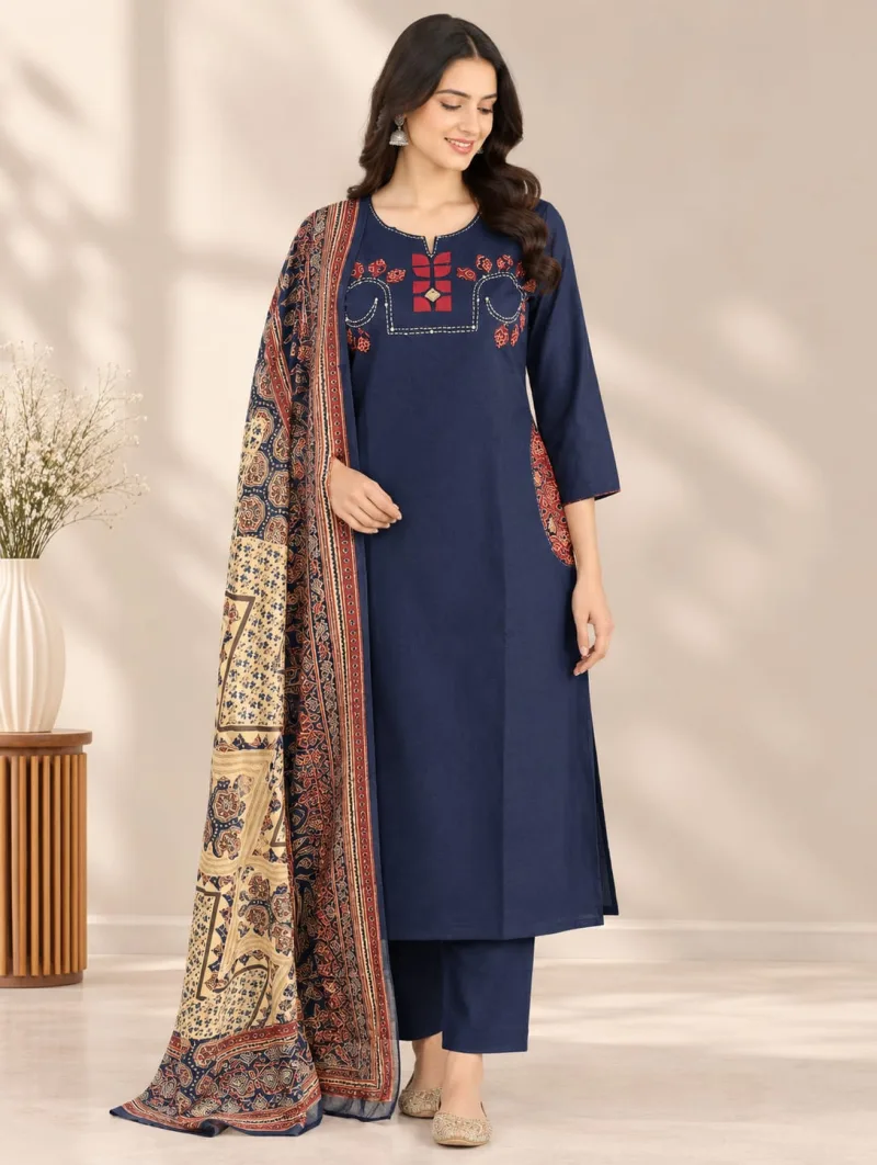 K 1329 By Naisha Dhabu Cotton Aplic Work Kurti With Bottom Dupatta